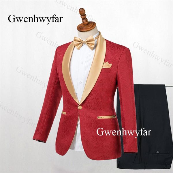 Gwenhwyfar Smoking con risvolto dorato Smoking rosso jacquard da uomo Completo da uomo per la cerimonia nuziale Abiti da uomo formali 2 pezzi 2019 Giacca pantaloni218v