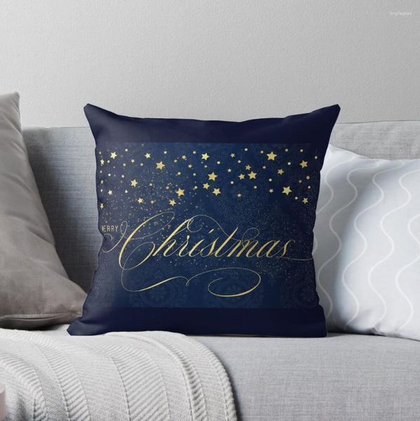 Cuscino Merry Christmas blu navy e finta foglia oro con stelle. Fodera per divano scozzese personalizzata di lusso