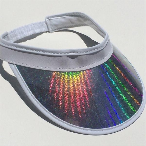 Stingy Brim Chapéus Mulheres Meninas Verão Metálico Holograma Colorido Plástico Amplo Curvo Sun Visor Chapéu Elastic Strap Voltar Hip Hop Vazio T280L