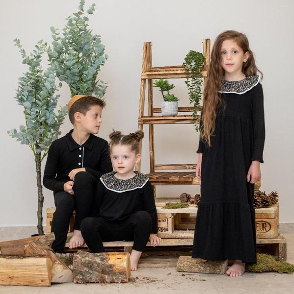 Vestidos de menina como família combinando conjunto modal meninas smocked maxi vestido meninos bebê com nervuras macio floral retalhos 2024 outono