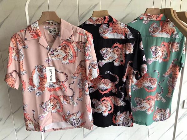 Homens camisetas 23ss alta qualidade streetwear lapela homens mulheres oversized tigre impressão completa wacko maria camisa havaí praia tee viking