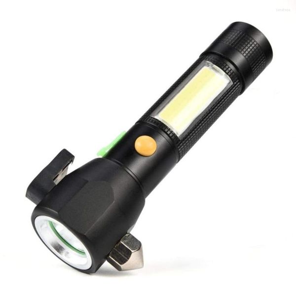 Lanternas Tochas PANYUE LED Tocha Tática 5 Modos XPE COB Light com Ferramenta de Emergência Martelo Carregador USB 18650 para Bicicleta