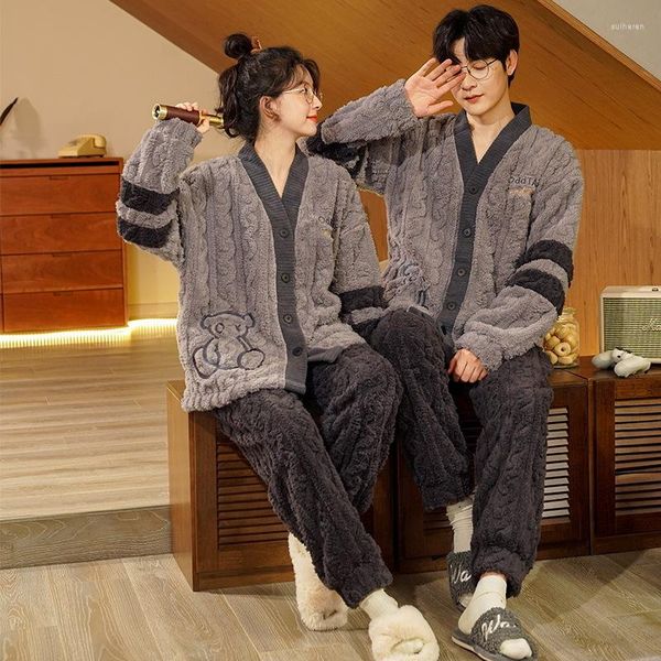 Homens sleepwear outono inverno quente flanela cardigan casal pijama conjunto mulheres família pijama amante homewear pano casual homens pijamas