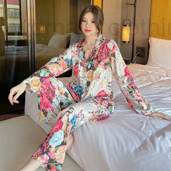Kadın Uyku Salonu Tasarımcısı 2023 Yeni Bahar ve Sonbahar Buz İpek Seti Ev Mobilyası Pijamaları Kadın Uzun Kollu Pantolon Çiçek Deniz TL99