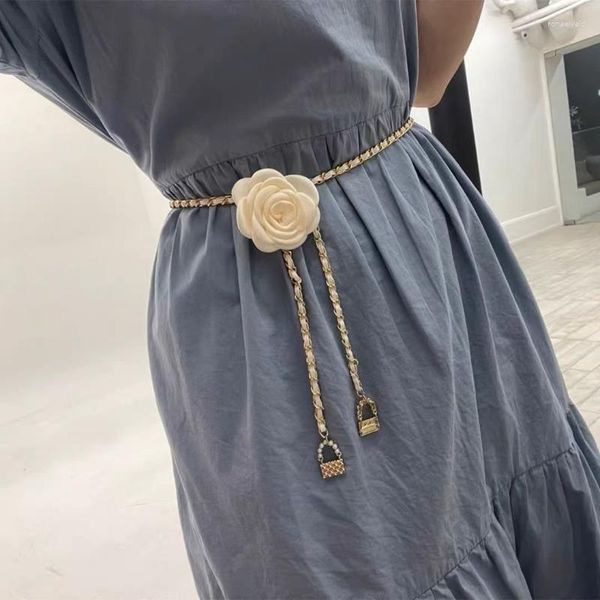 Kemerler Altın Camellia Kadın Elbise Kot Bel Bel Zinciri Kızlar Kemer Takı Aksesuarları Moda Vücut 2023 Stil