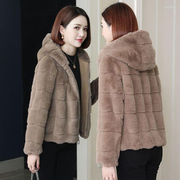 Pele feminina 2023 moda com capuz casaco falso super quente outono e inverno feminino curto fofo de alta qualidade senhoras c8