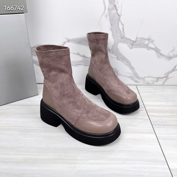 Inverno designer tornozelo botas cinza srpky mulheres dedo do pé redondo sapatos de salto baixo couro genuíno casamento moda luxo plataforma senhora LX-KM-0072