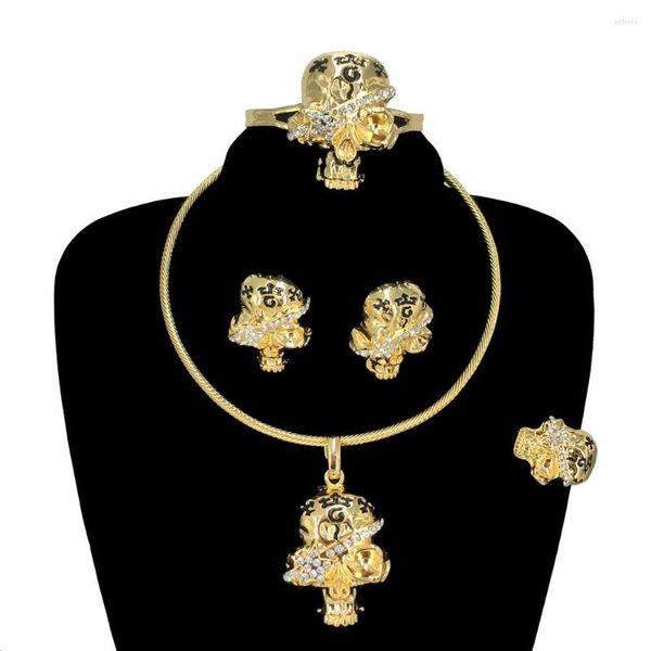 Colar brincos conjunto moda halloween jóias estilo gótico gota crânio pingente dubai banhado a ouro para mulher fhk16290