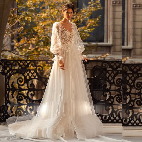 Блестящие свадебные платья из тюля с золотым напылением и длинным рукавом с цветочным кружевом, иллюзорным лифом, свадебное платье для невесты, свадебное платье на пуговицах для женщин