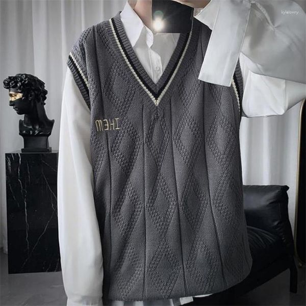 Herrenwesten V-Ausschnitt Pullover Weste ärmellose Pullover Casual Preppy Style Tops Lose einfarbige Pullover Frühling Herbst Weste