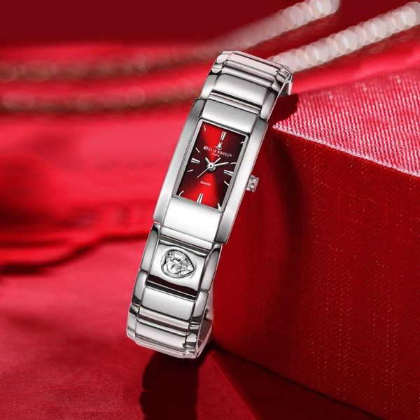 Relógios de pulso Berny Lady Quartz Watch Impermeável Retângulo Pulseira de Aço Inoxidável Moda RedWristwatch para Mulheres