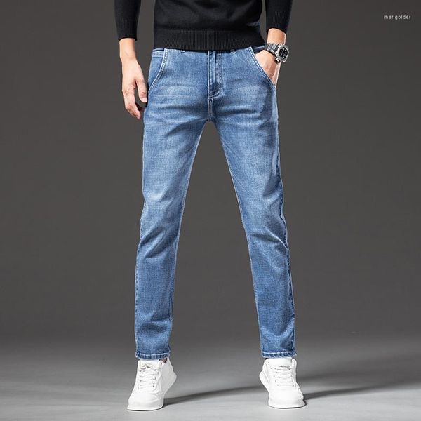 Jeans da uomo 2023 Autunno Uomo Blu Regular Fit Tessuto elasticizzato Smart Casual Pantaloni in denim Antifurto Design con cerniera Pantaloni di marca maschile