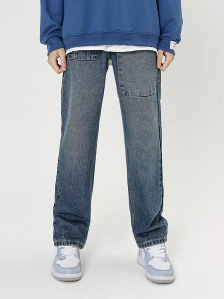 Jeans masculinos retro tendência nacional original nicho grande bolso design high street solto até o chão calças largas
