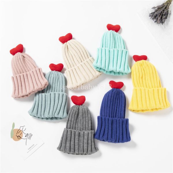 Rote Liebesform Strickmütze Kinder Winter Warme Schädeldecke Mütze Baby Kinder Elastische Wollstrickmütze Einfarbig Kinder