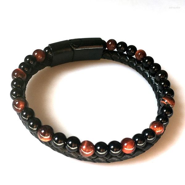 Charme Armbänder Vintage Männer Leder Magnetische Schnalle Naturstein Perlen Zweischichtige Geflochtene Echte Schmuck Geschenke