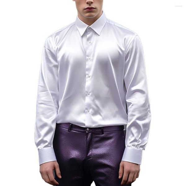 Мужские классические рубашки Изысканная атласная шелковая рубашка приталенного кроя с длинным рукавом идеально подходит для вечеринок и особых случаев (110 символов)