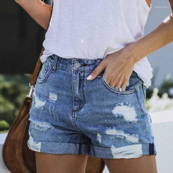 Jeans femininos clássico quebrado denim shorts verão roupas europeias e americanas comércio exterior hem buracos