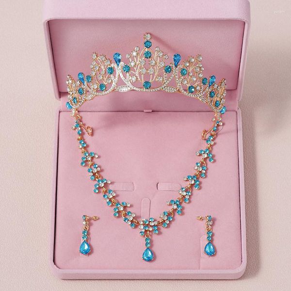 Collana Orecchini Set Itacazzo Copricapo da sposa Corona di colore azzurro Diademi di fidanzamento alla moda da donna