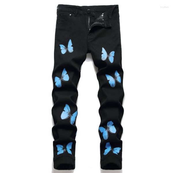 Männer Jeans Schmetterling Druck Schwarz Männer 2023 Herbst Mode Mittlere Taille Dünne Bleistift Männlich Casual Koreanische Denim Hosen Pantalon homme