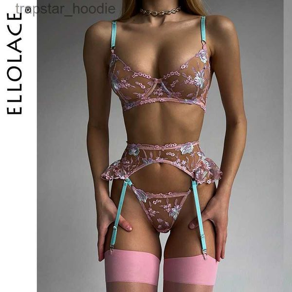 Sexy Set Ellolace Fairy Dessous Floral Transparente Unterwäsche Rüschen Strumpfband Intime Zarte Unterwäsche Schöne Durchsichtige Outfits L230920