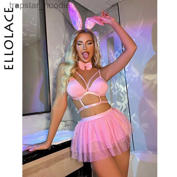 Set sexy Ellolace Bunny Pink Lingerie Gonna sexy a palloncino 5 pezzi Set esotici luminosi Pizzo Biancheria intima da discoteca Pole Dancing Ruffle Outfit L230920