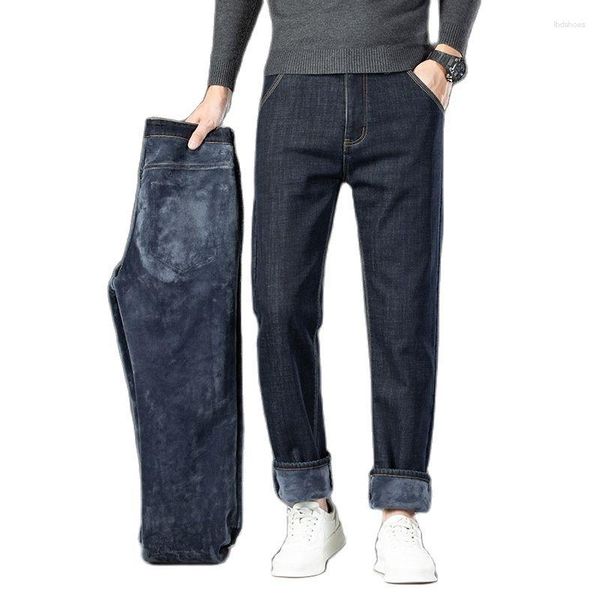 Jeans da uomo 2023 Inverno Termico Caldo Flanella Stretch Mens di Marca di Qualità Pantaloni In Pile Da Uomo Dritto Floccaggio Pantaloni Spessi