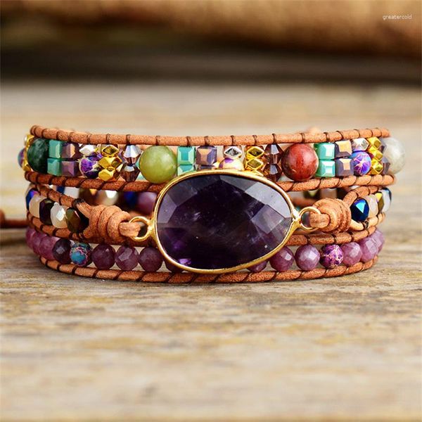 Strand Bohemia handgefertigtes Heilenergie-Naturstein-Amethyst-Perlen-Leder-Wickelarmband, Geschenke für Frauen