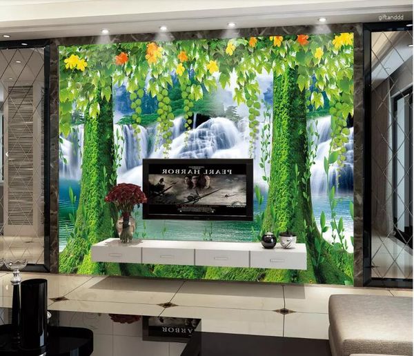 Wallpapers cjsir personalizado mural po papel de parede 3d floresta verde cachoeira grande árvore paisagem natural para decorações de sala de estar