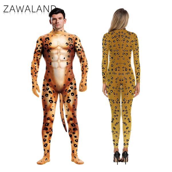 Trajes de Catsuit Zawaland Animal Leopard Impresso Macacão Catsuit Traje Sexy Zentai Cosplay Bodysuit Terno Cobertura Completa com Cauda Fitness Outfit