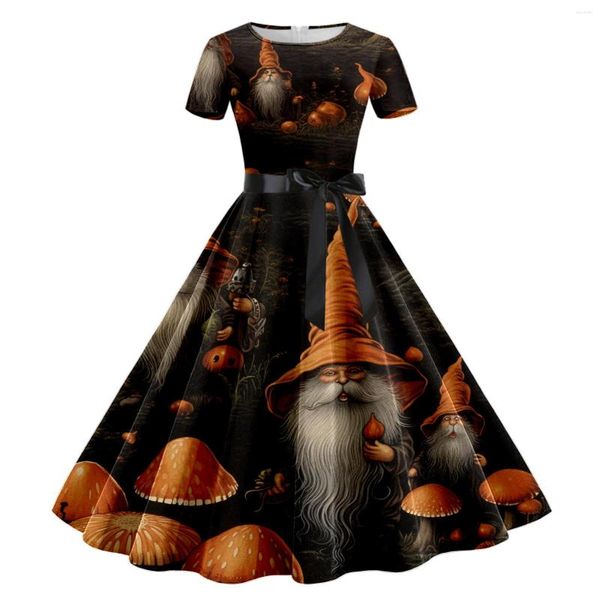 Vestidos casuais abóbora crânio impressão vestido de halloween para mulheres o pescoço manga curta balanço rockabilly carnaval festa midi robe