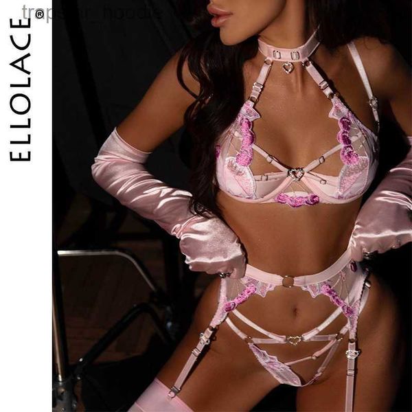 Set sexy Ellolace Fancy Lingerie Sensual Fairy Intimo 4 pezzi Reggiseno con scollo all'americana Cut-out perizoma Delicato pizzo di lusso Set esotici Sissy Outfit L230920