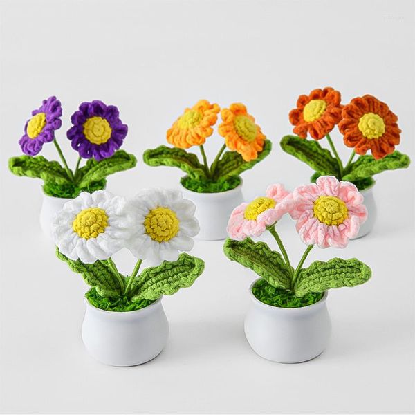 Flores decorativas margarida crochê girassol tecido vaso artesanal de malha planta ornamento simulação artificial bonsai decorações para casa