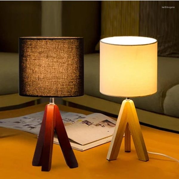 Tischlampen Nordic Kreative Stativ Holz Minimalistischen Schlafzimmer Nacht E27 Lampe Wohnzimmer Wohnkultur Vintage Stoff Schreibtisch LED Leuchte