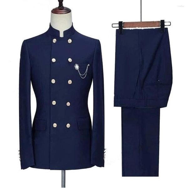 Herrenanzüge Mode für Männer Marineblau Slim Stehkragen Zweireiher Blazer mit Hosen Formal Smart Casual Hochzeit Smoking 2 Stück
