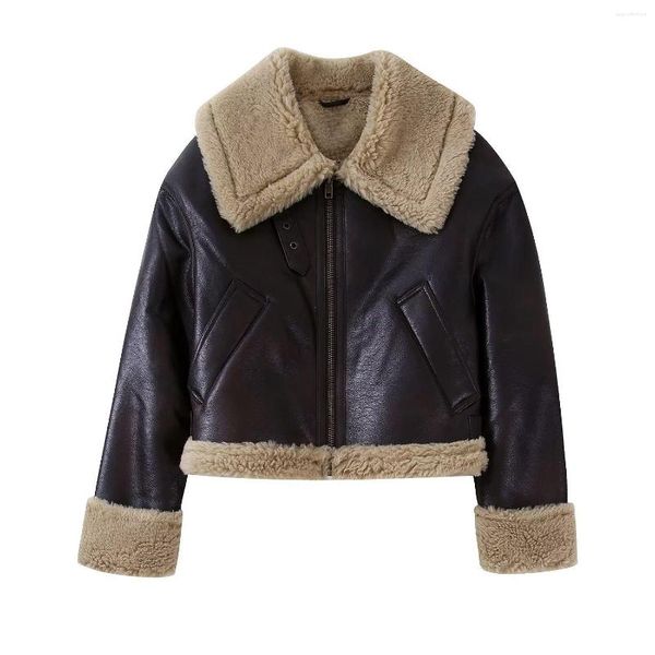 Женская кожаная куртка осень-зима 2023, утолщенная теплая двусторонняя свободная короткая куртка коричневого цвета