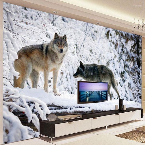 Обои 3D обои Современные простые животные Волк Снежный пейзаж Po Фреска Гостиная Телевизор Диван Фон Настенная живопись Papier Peint Enfant