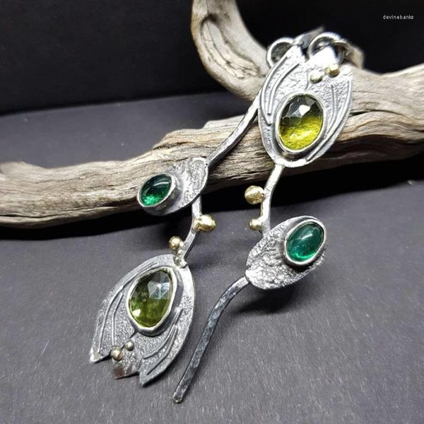 Baumelnde Ohrringe 2023 Est Green Stone Statement Long für Frauen Vintage-Schmuck Knospe Blume Blatt Metall Silber Farbe Teal Ohrring