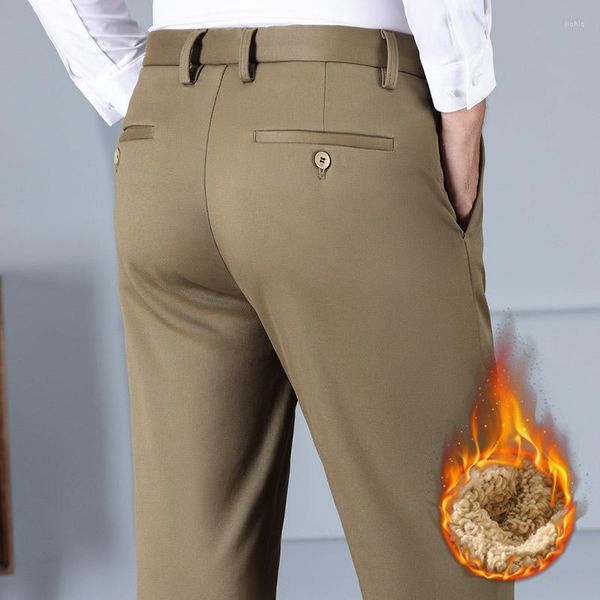 Calças masculinas inverno quente casual velo grosso cáqui preto cintura alta elástica calças retas clássico marca de negócios homem roupas