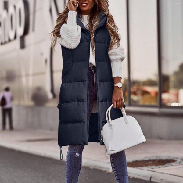 Gilet da donna Giacca senza maniche Gilet Cappotto per donna Gilet lungo con cappuccio Soild con orlo con coulisse Bottone imbottito Gilet autunnale spesso