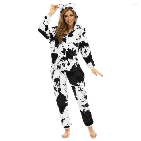 Kadın pijama inekleri pijama dikiş sıcak karikatür hayvan tulum nightwear uzun kolu siyah beyaz baskı kaput sürpriz onesie