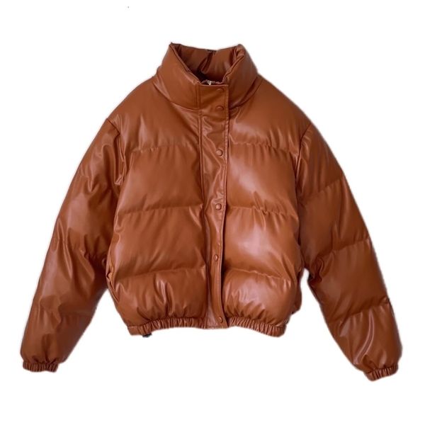 Frauen Unten Parkas 2023 Herbst Winter Stehkragen Lose Imitation Leder Baumwolle Gepolsterten Mantel Frauen Hübsche Elastische Taille PU Baumwolle kleidung 230920