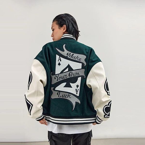 Herrenjacken 2023SS Poker bestickte Baseballjacke Hip Hop Lederärmel Männer und Frauen Paare American Street Loose