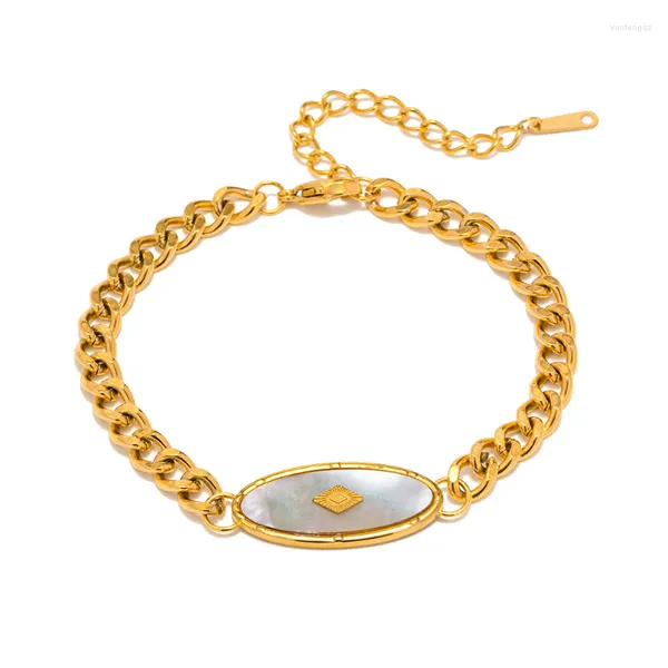 Charme Pulseiras Minar Ins Branco Natural Shell Oval para Mulheres 18k Ouro PVD Banhado Aço Inoxidável Chunky Cuban Chain Bracelet