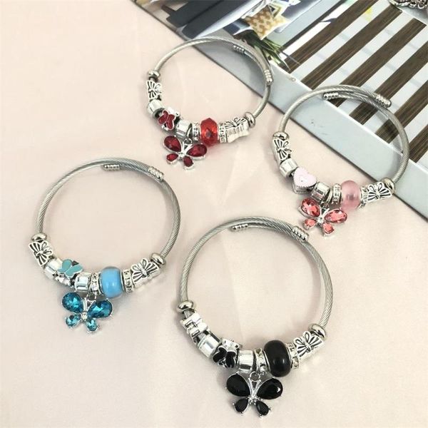 Bracciale con ciondolo a forma di farfalla di cristallo grande moda filo per le donne Bracciale in acciaio inossidabile con gioielli in rilievo fai da te