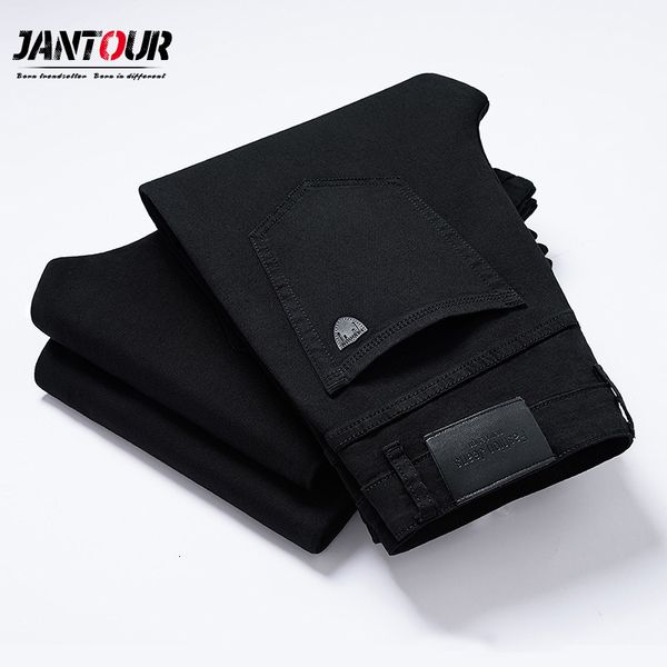 Calças de brim dos homens tamanho grande 40 42 preto algodão elástico calças retas masculinas moda negócios denim calças roupas de marca 230920