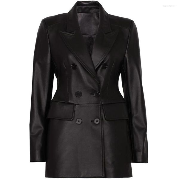 Yoloagain couro feminino 2023 outono elegante fino preto blazer jaqueta feminina duplo breasted senhoras reais