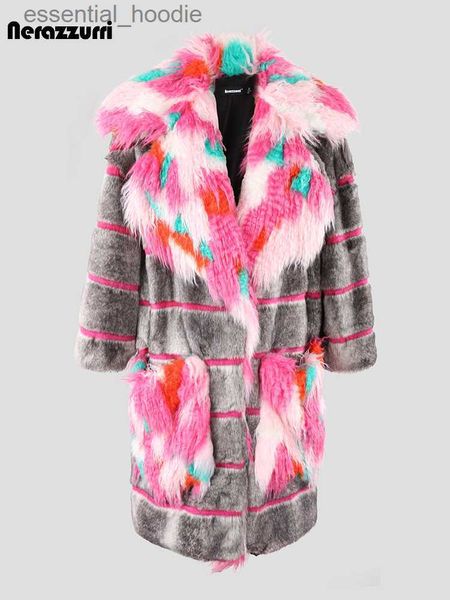 Женское меховое пальто из искусственного меха нерадзурри, зимнее длинное, свободное, стильное, теплое, мягкое, пушистое, в полоску, в стиле пэчворк, женское пальто из искусственного меха с ярким большим воротником и карманами L230920