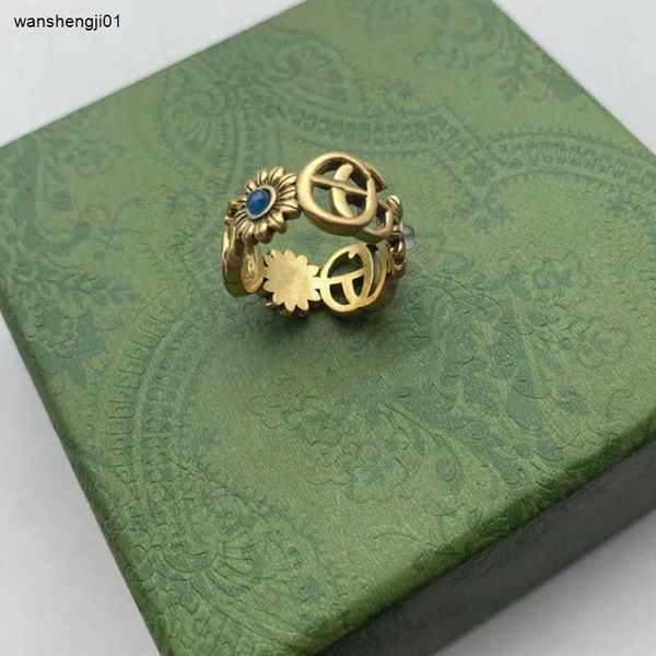 23SS Designer Ring Goldenes Blumenmuster Liebe Luxusringe Blauer Diamant Mode Damen Glänzender Schmuck Herren Inklusive Box