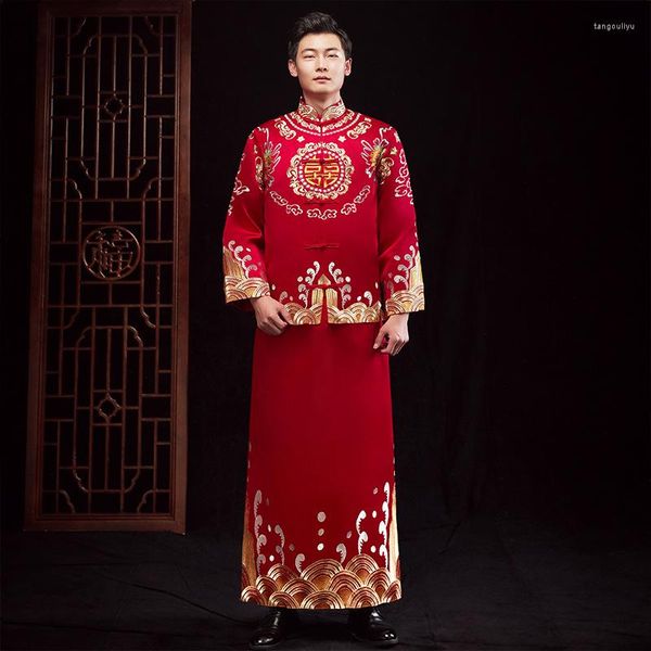 Roupas étnicas Retro Homem Vermelho Bordado Qipao Estilo Chinês Tradicional Moderno Cheongsam Vestido de Noiva