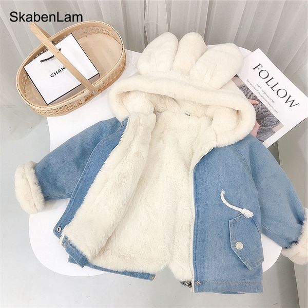 Piumino per ragazze Ragazzi Giubbotti di jeans per bambini Pelliccia calda Cappotto da cowboy Orecchie di coniglio per bambini Capispalla in velluto con cappuccio Abbigliamento invernale per bambini 230919